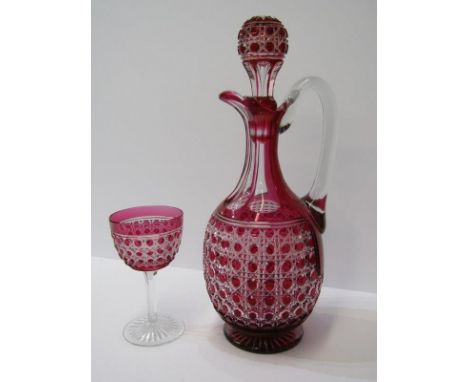 GLASSWARE, ruby cased cut glass claret jug, together with 11 matching stem wines 