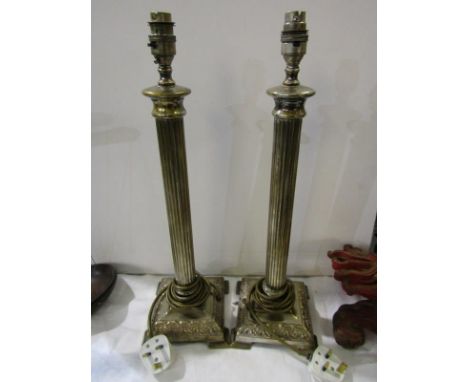 LIGHTING, pair of brass column square base 17" table lights 