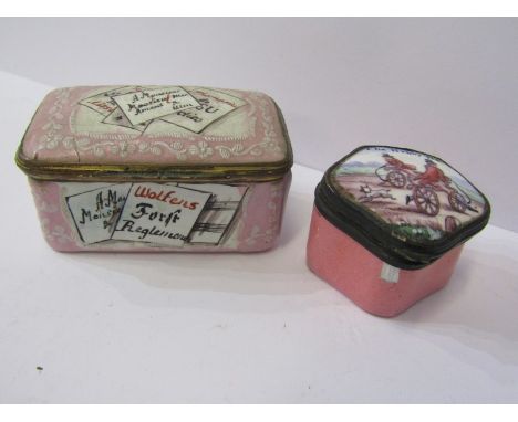 ANTIQUE ENAMEL WARE, Bilston-style patch box "The Hobby Horse", together with similar French enamelled rectangular snuff box,
