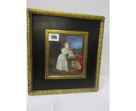MRS HENRY FORTESQUE, (nee C Russell), miniature portrait of "Young Lady with Spaniel on balcony", 5.25" x 4.5" 