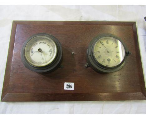 MARITIME, mahogany mounted ships aneroid barometer and matching cylindrical cased clock, clock diameter 4.75" 
