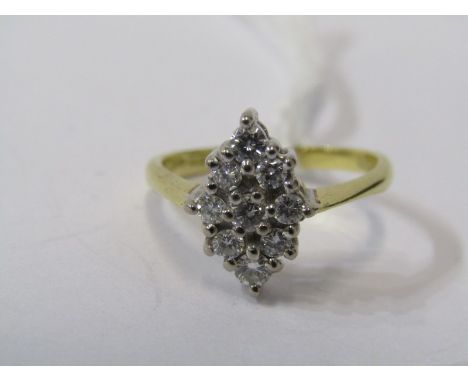 18ct YELLOW GOLD CLUSTER RING, 9 well matched brilliant cut diamonds totalling in excess of 0.5ct form marquise shape, 3.4 gr