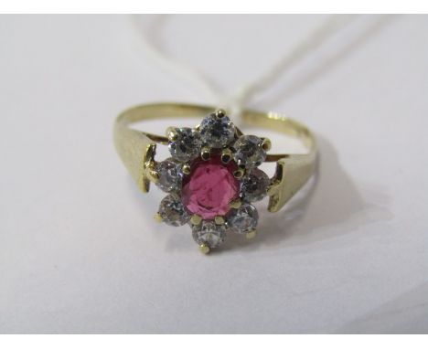 9ct YELLOW GOLD RUBY CLUSTER RING, principal pale red ruby surrounded by CZ stones in 9ct yellow gold, size I 