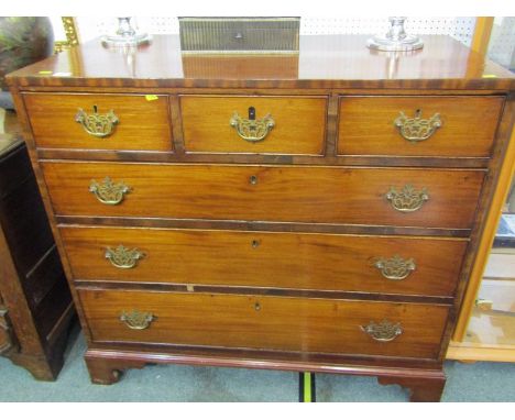 GEORGIAN MAHOGANY CHEST OF DRAWERS, straight front chest of 3 short and 3 long graudated drawers, brass fretwork back handles