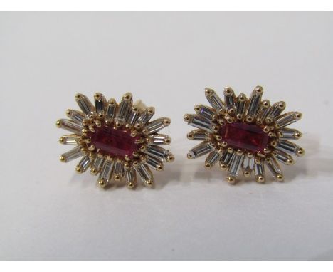 PAIR OF 18ct YELLOW GOLD &amp; RUBY CLUSTER EARRINGS, principal rectangular cut rubies in multi claw setting, surrounded by b