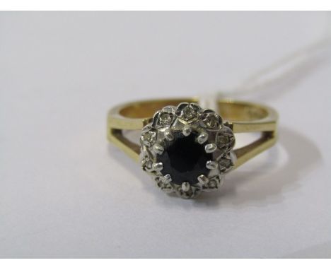 9CT YELLOW GOLD SAPPHIRE &amp; DIAMOND CLUSTER RING, principal round brilliant cut sapphire set in a halo of illusion set dia