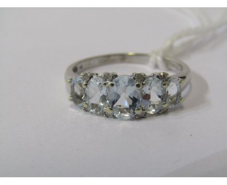 AQUAMARINE &amp; DIAMOND RING, 9ct white gold ring set 5 graduated aquamarines set between 4 pairs of diamonds, size R 