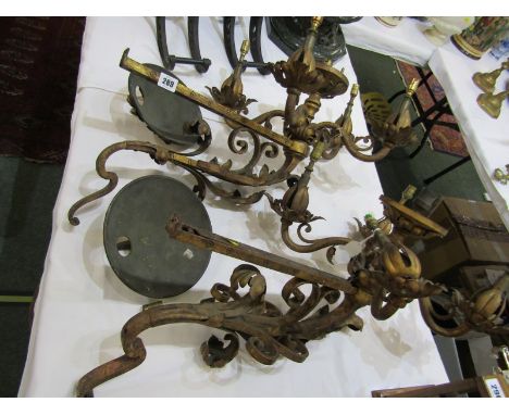 LIGHTING, pair of wrought brass 4 branch ceiling lights of foliate design, 24" length 