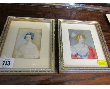 MINIATURE PORTRAIT, of Lady with red cloak and 1 other, 3.5" x 3" 