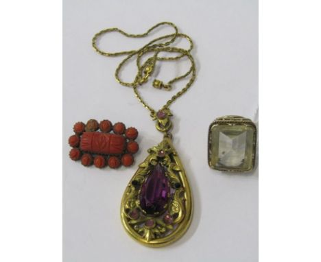 BROOCH, PENDANT &amp; RING, large pinchback pendant with amethyst colour stone on yellow metal chain, vintage coral type broo