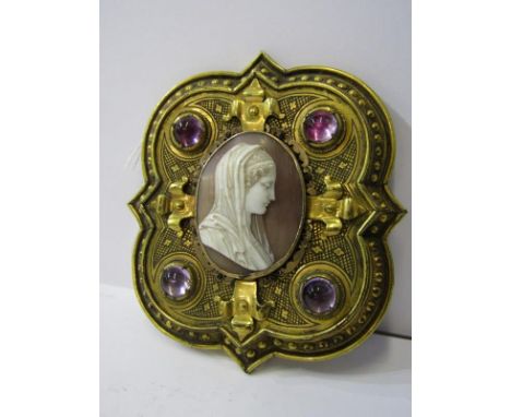 VICTORIAN BUCKLE, a fine ornate brass cameo portrait inset ladies buckle, 4" height 