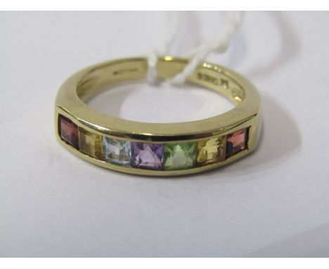 9ct YELLOW GOLD MULTI STONE ETERNITY STYLE RING, stones including topaz, citrine, peridot, etc, size M/N 