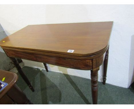 GEORGIAN MAHOGANY D-END CARD TABLE, tapering turned legs with inlaid details, 36" width 