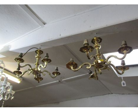 LIGHTING, pair of brass 5 branch light fittings, 17" dia 