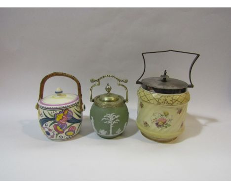 A small Wedgwood Jasperware sage green biscuit barrel together with a Poole pottery example and one other (3)