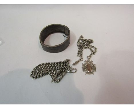 /A silver Albert hung on chain, silver watch chain with T-bar and silver stiff hinge bangle
