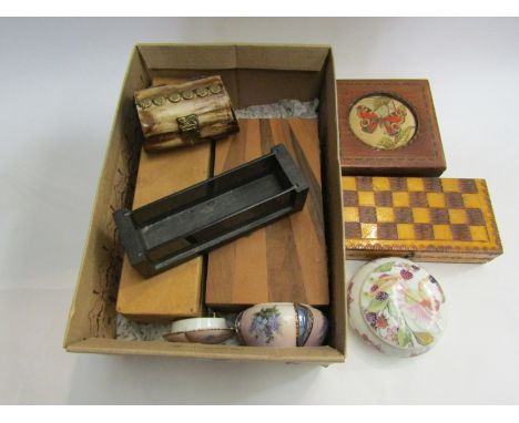 Assorted wooden and ceramic trinket boxes, chess set etc