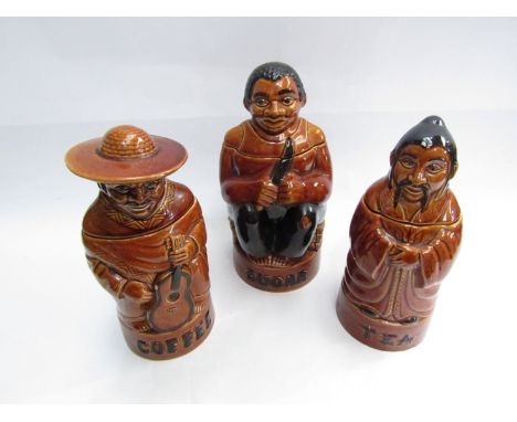 A set of three brown glazed ceramic kitchen storage jars, tea, coffee and sugar