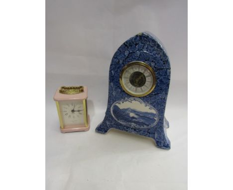 A blue and white ceramic mantel clock (foot a/f) and a Lionel Peck carriage style timepiece (2)