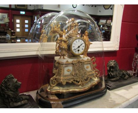 A marble effect and ormolu French style mantel clock with figural and floral detailing. Enamel Roman numeral dial (a/f). Unde