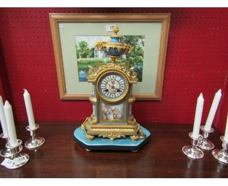 A late 19th Century French ormolu and Sevres porcelain style mantel clock, the movement striking on a bell. No glass dome. 43