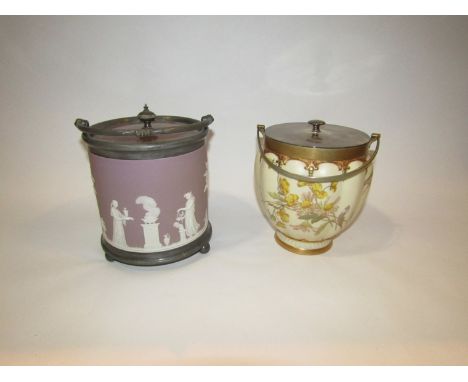 A Royal Worcester porcelain biscuit barrel decorated with poppies, flowers and highlighted gilt, engraved monogram to plated 