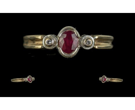 Ladies Elegant 9ct Gold &amp; Ruby Set Dress Ring. Hallmarked for 9ct to Shank. Ring Size Approx O. Approx Weight 2.35 grams.