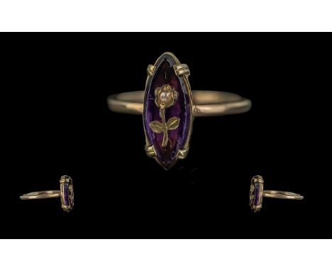 Ladies 9ct Gold Small Pearl Flower Amethyst Set Dress Ring. Stamped to Shank. Ring Size Between R - S. 