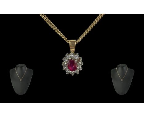 Ladies Pretty Ruby &amp; Diamond Pendant - With a 9ct Gold Necklace. Approx Weight 4.1 grams. Size of Pendant 3/4 by 0.5 cms.