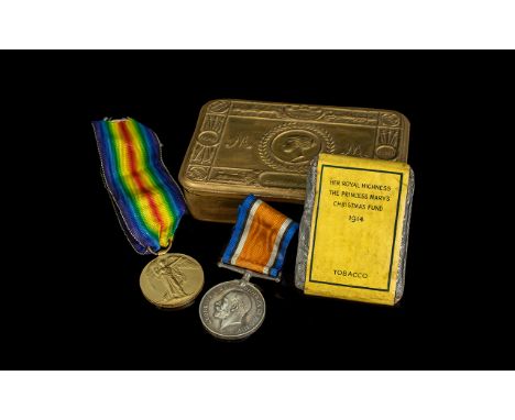 WW1 Interest 1014 Queen Mary Tin With Unopened Tobacco + War Medal And Victory Medal Awarded To 205637 PTE J W GRAINGER R W K