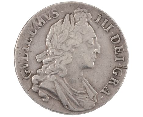1695 William III silver Crown, 'SEPTIMO' edge (S 3470, ESC 86, Bull 990). Obverse: right-facing first laureate draped bust wi