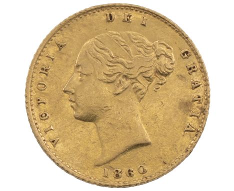 1860 Victoria gold Half Sovereign, London (S 3859A, Marsh 434). Obverse: left-facing 'Young Head' portrait with the date (186