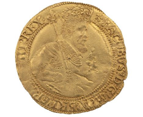 James I gold Unite, second coinage (1604-1619), cinquefoil mintmark (S 2620, North 2085). Obverse: half-length armoured fifth