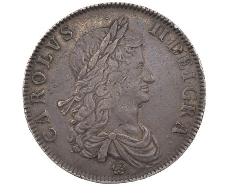 1662 Charles II silver Crown, rose below, no edge date (S 3350, ESC 15A, Bull 340). Obverse: first right-facing laureate and 