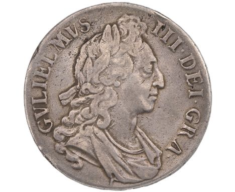 1696/5 William III silver Crown, 6 over 5 (S 3470, ESC 90, Bull 998). Obverse: first draped laureate bust, facing right with 