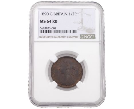 1890 Victoria bronze Halfpenny (S 3956). Obverse: left-facing 'Bun Head' bust, 'VICTORIA D: G: BRITT: REG: F: D:' around. Rev