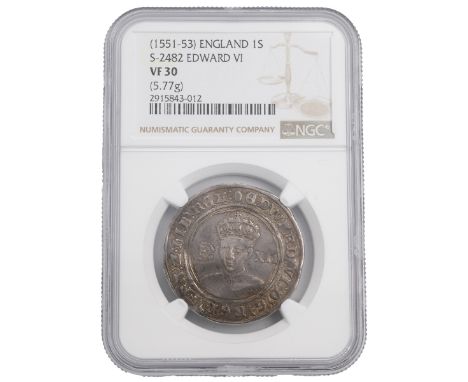 Edward VI silver Shilling, fine issue (1551-1553), tun mintmark (S 2482, North 1937). Obverse: crowned portrait with rose to 