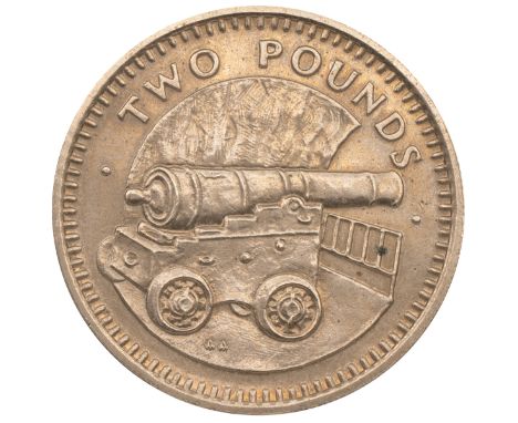 GIbraltar, 1990 Cannon circulation &pound;2 coin. Obverse: portrait of Queen Elizabeth II with 'ELIZABETH II GIBRALTAR &middo