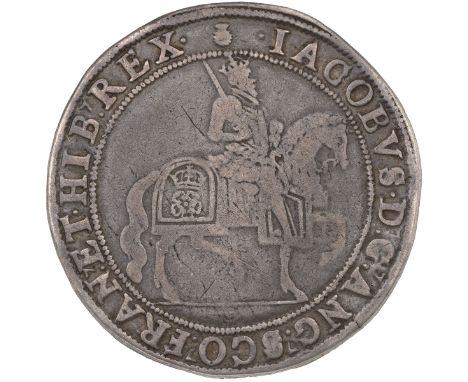 James I silver Crown, first coinage (1603-1604), thistle mintmark&nbsp;(S 2643, North 2070). Obverse: king on horseback, ridi