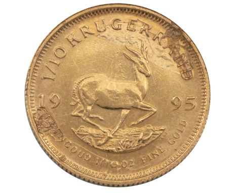 South Africa, 1995 gold tenth 1/10oz Krugerrand (KM 105). Obverse: portrait of Paul Kruger with 'SUID-AFRIKA &middot; SOUTH A