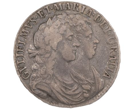 1689 William and Mary silver Halfcrown, first reverse (S 3434, ESC 506, Bull 834).&nbsp;Obverse: first right-facing conjoined