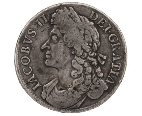 1686 James II silver Crown, stops in legends (S 3406, ESC 76, Bull 740). Obverse: first laureate draped bust, facing left wit