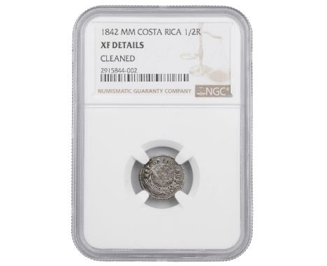Costa Rica, 1842 silver 1/2 Half Real, unholed/countermarked (KM 32). Obverse: radiating star within a circle with a wreath a