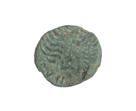 Cantuvellauni, Rues (c 1-10 AD), bearded bronze Unit&nbsp;(S 272, ABC 2754). Obverse: &nbsp;bearded head facing right, 'RVII'