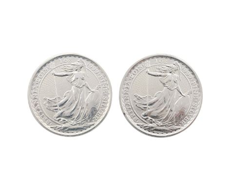 Two (2) 2018 1oz silver bullion Britannias with Year of the Dog privy mark to the edge from the Royal Mint. Obverses: portrai