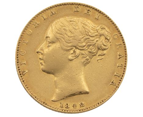 1842 Victoria gold Sovereign, closed 2 (S 3852, Marsh 25). Obverse, smaller Young Head portrait by William Wyon, facing left 