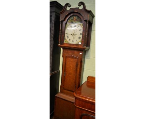 An oak and mahogany eight day longcase clock, arched painted dial, early 19th century