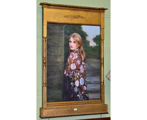 John Blakey (b.1952), Portrait of a young lady, three quarter length, wearing a pink floral shawl, signed and dated (19)95, o