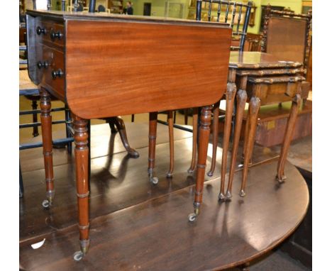 A nest of tables and a Victorian drop leaf table with two side drawers