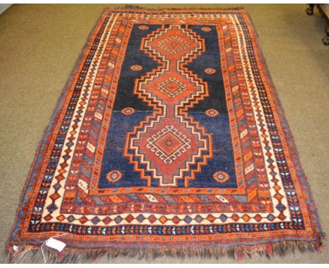Gabbeh Rug, South West Iran, the indigo field with three stepped medallions framed by multiple borders